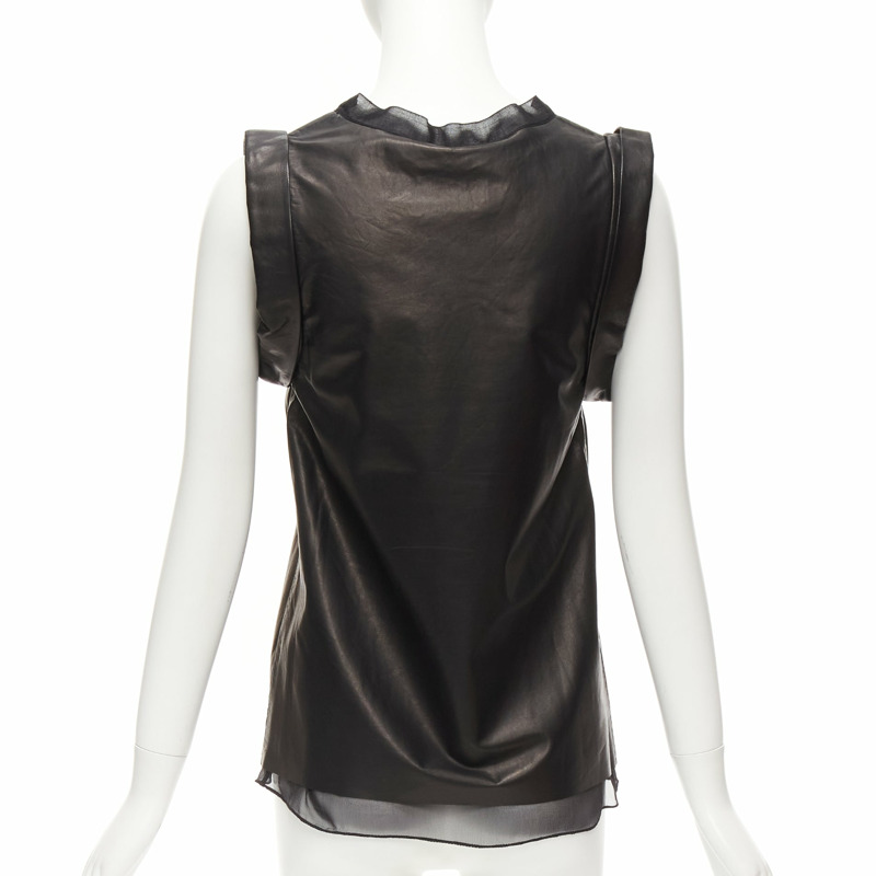 3.1 PHILLIP LIM black leather sheer silk trim folded sleeves tunic top US2 S-4