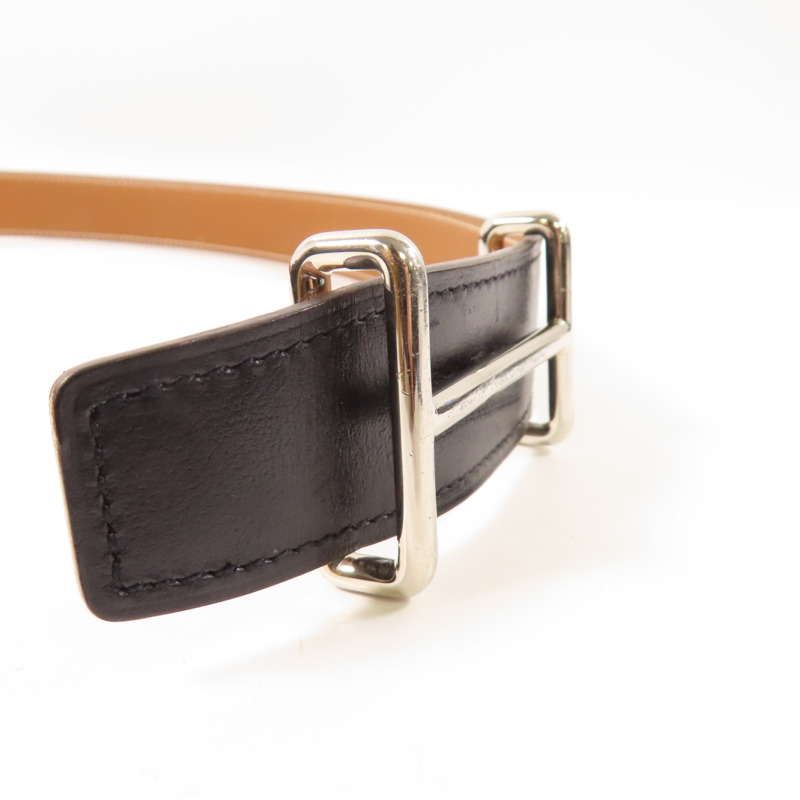 HERMES Swift皮革Belt 100cm銀扣皮帶黑色/駝色-7