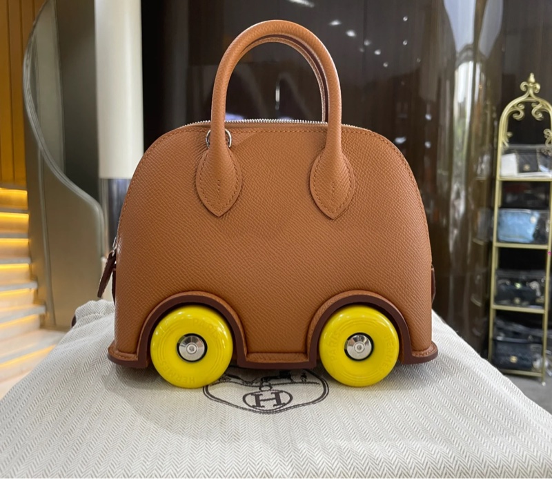 hermes mini bolide 輪子/滑輪保齡球包~金棕色😍超美 B刻藍盒子-3