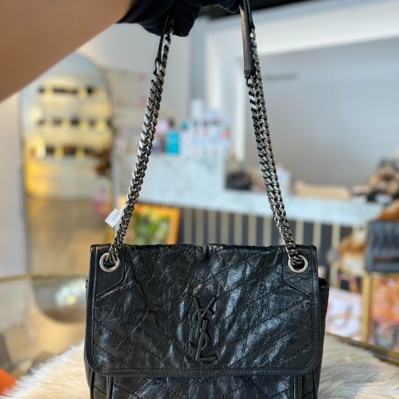 YSL Medium Niki 中款 銀鍊 翻蓋 黑色-0