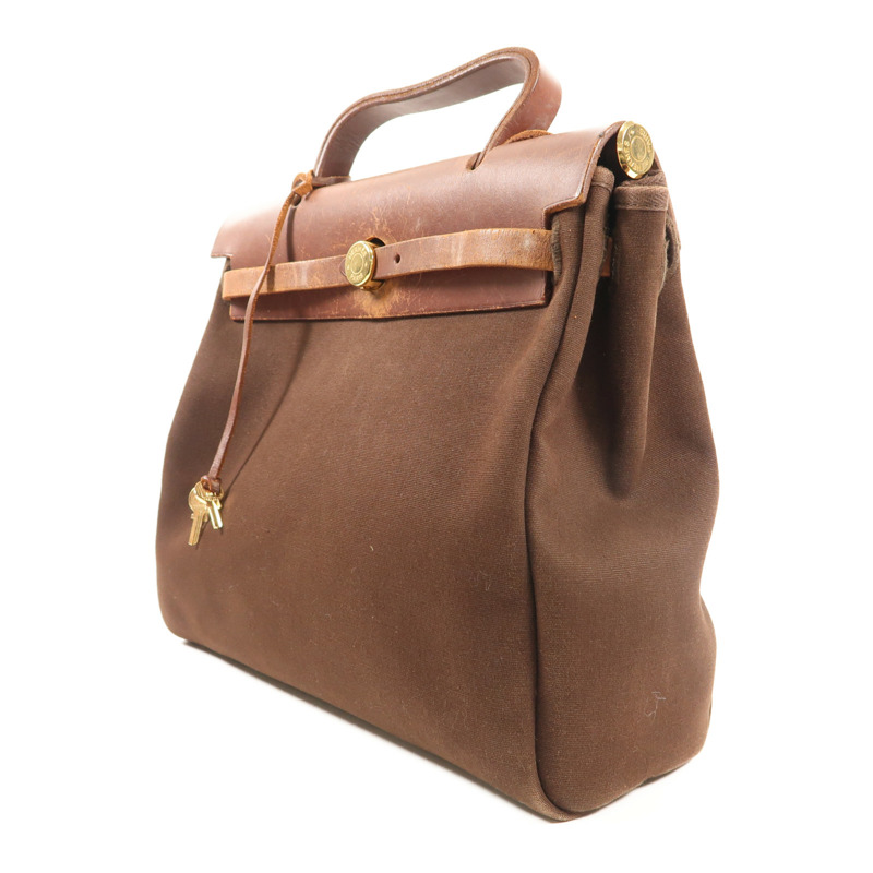 HERMES 帆布Herbag PM金扣手挽肩背兩用袋啡色-2