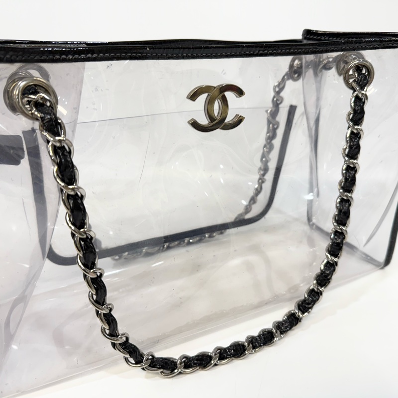 CHANEL黑邊銀釦透明壓克力皮穿鏈手提側背包A34685-19