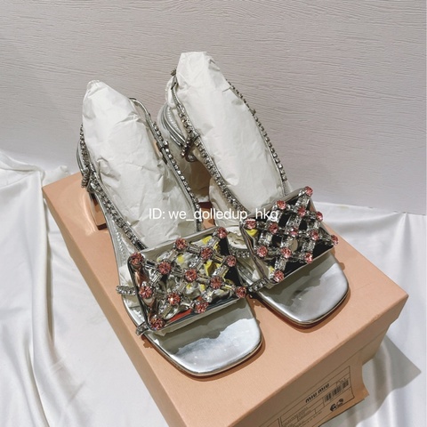 MIU MIU 銀色 閃石 粗跟 滾鞋 38.5碼
