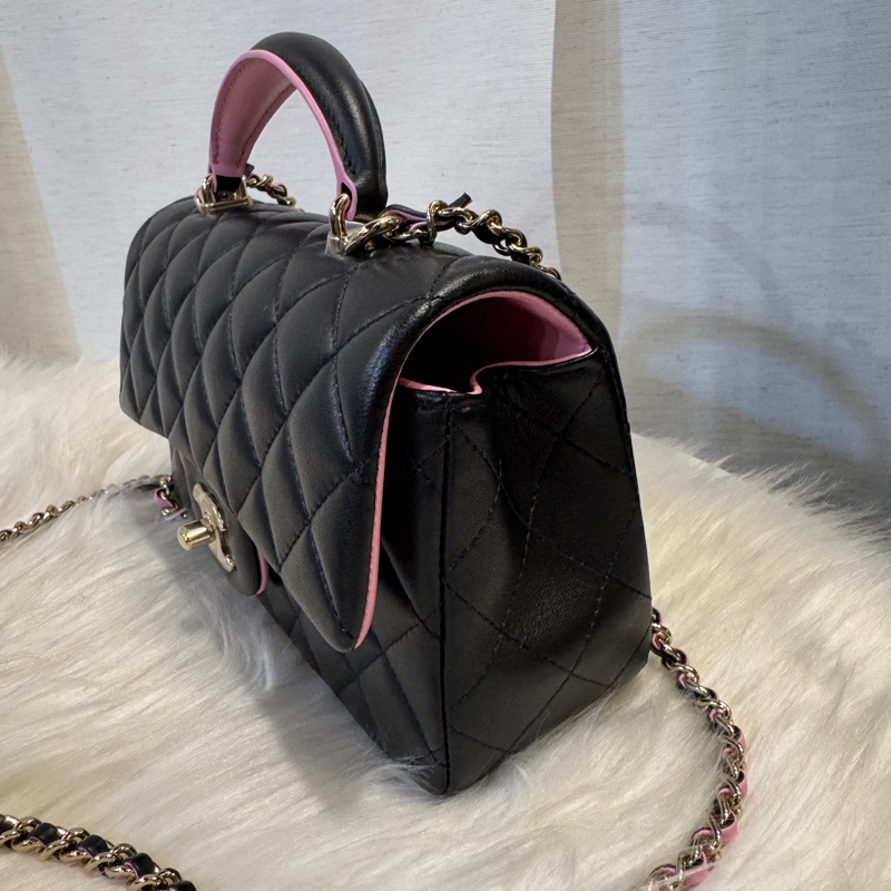 Chanel CoCo Handle 20 黑粉羊皮淡金釦 晶片款 近全新-4