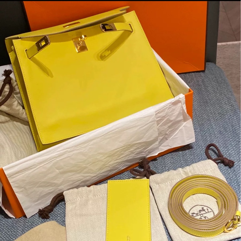 Hermes+愛馬仕+Kelly+Danse+檸檬黃+金扣+Z刻+配件:肩帶+塵袋+盒子+毛氈-5