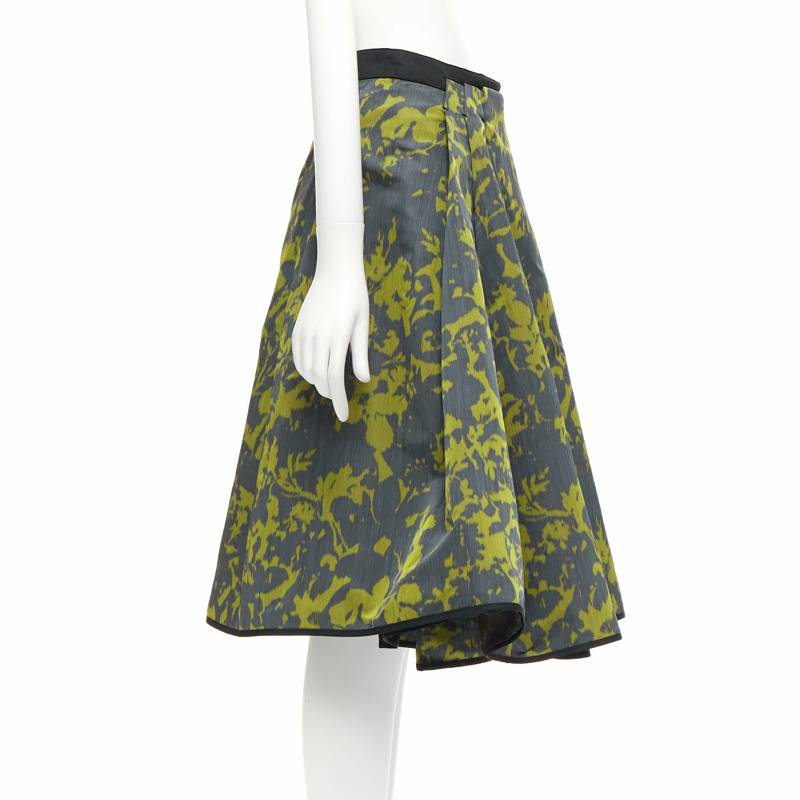 LOUIS VUITTON green floral jacquard velvet trim LV zip flared skirt-3