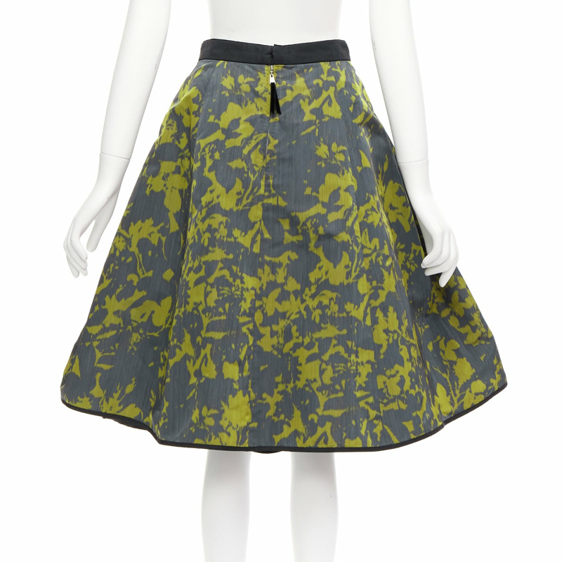LOUIS VUITTON green floral jacquard velvet trim LV zip flared skirt-4