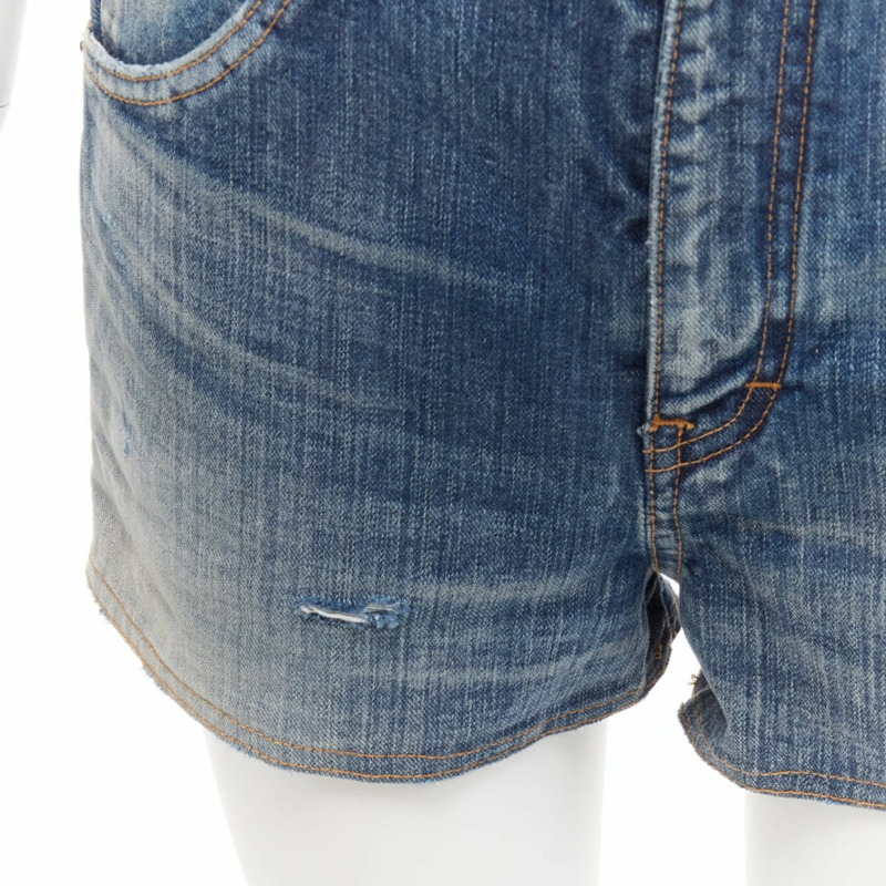 SAINT LAURENT 2020 blue distressed washed denim high waisted shorts 29"-6