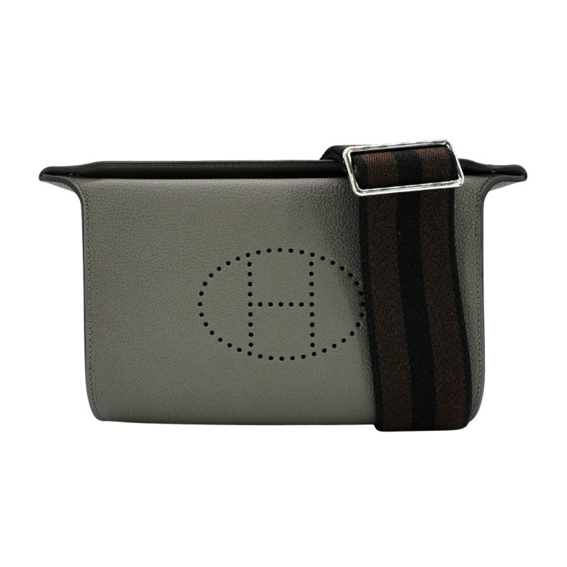Hermes Videpoches Togo小牛皮打孔H帆布背帶斜背包(AT錫器灰/銀扣)-0
