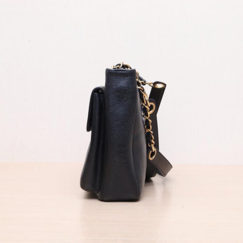 CHANEL(香奈兒) 中古 書包扣奶粉包 黑色 荔枝 4開 金扣-1