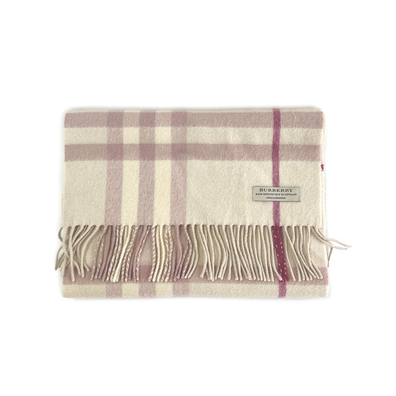 【佩甄-名人公益精品】 BURBERRY粉米色喀什米爾格紋圍巾-1
