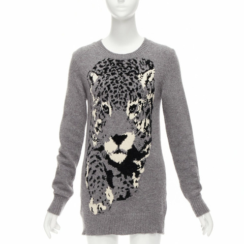 STELLA MCCARTNEY grey black cream leopard intarsia crew neck knitted dress