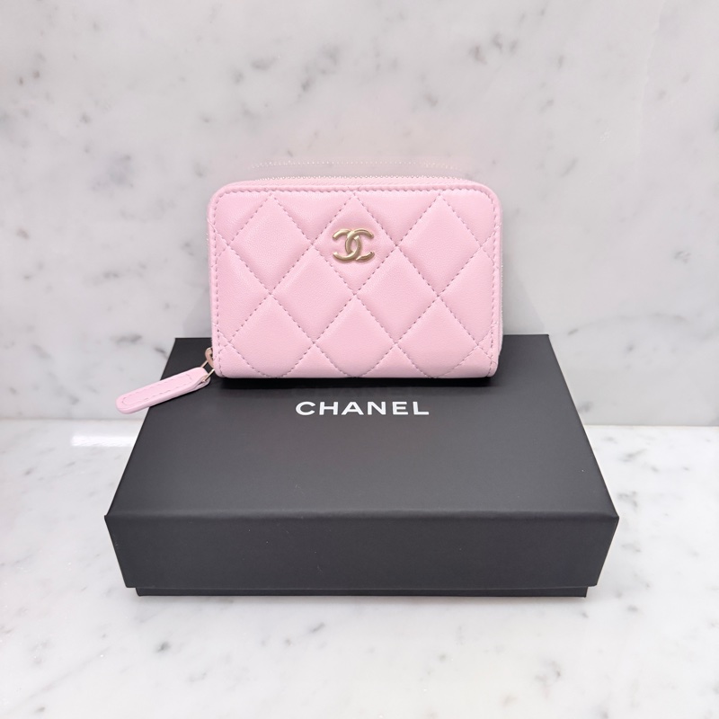 ［全新］Chanel 香奈兒 經典ㄇ字零錢包 櫻花粉金釦羊皮-0
