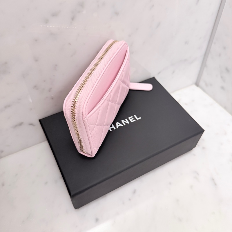 ［全新］Chanel 香奈兒 經典ㄇ字零錢包 櫻花粉金釦羊皮-2