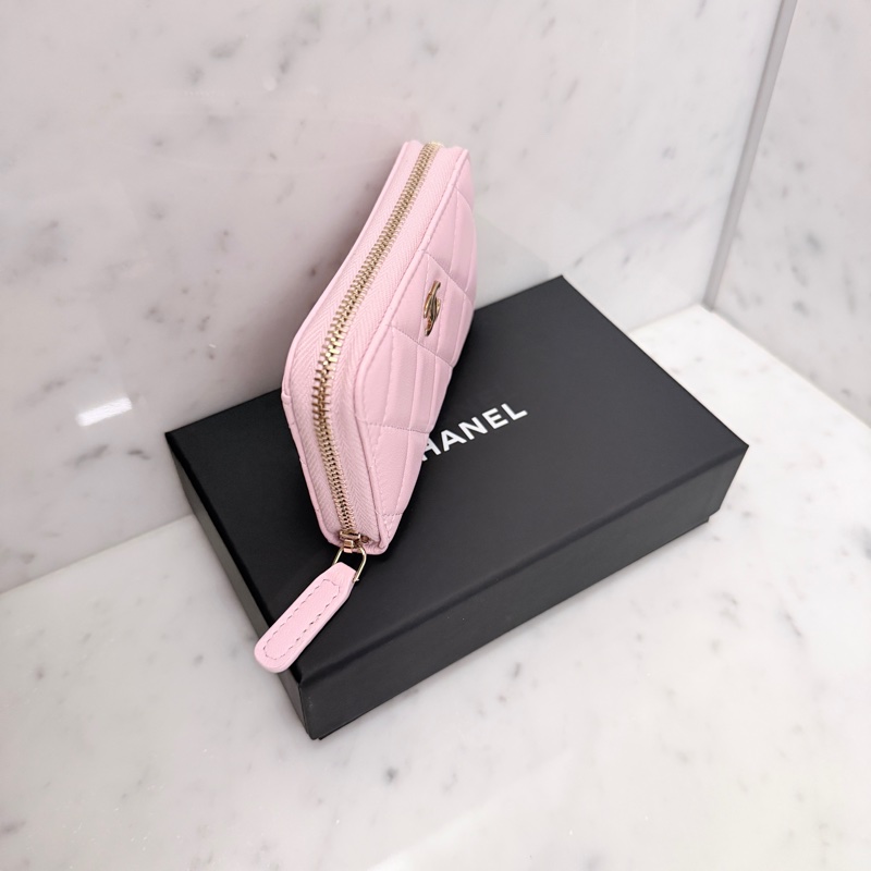 ［全新］Chanel 香奈兒 經典ㄇ字零錢包 櫻花粉金釦羊皮-3
