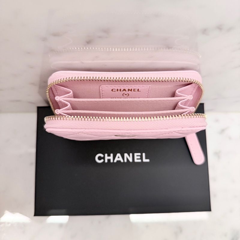 ［全新］Chanel 香奈兒 經典ㄇ字零錢包 櫻花粉金釦羊皮-4