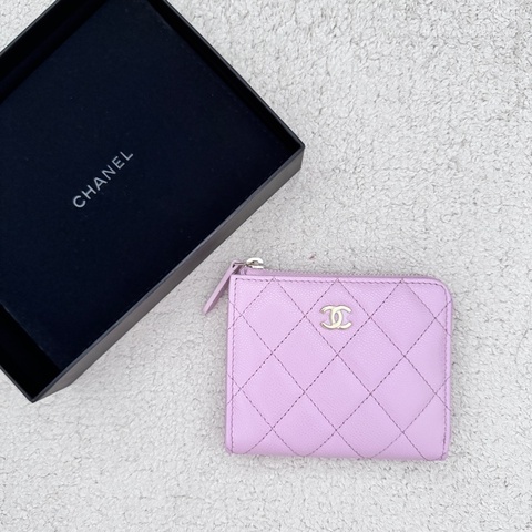 ［全新］Chanel 香奈兒 L字吐司錢包 粉紫金釦荔枝皮