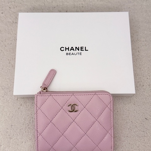 ［全新］Chanel 香奈兒 L字吐司錢包 粉紫金釦荔枝皮