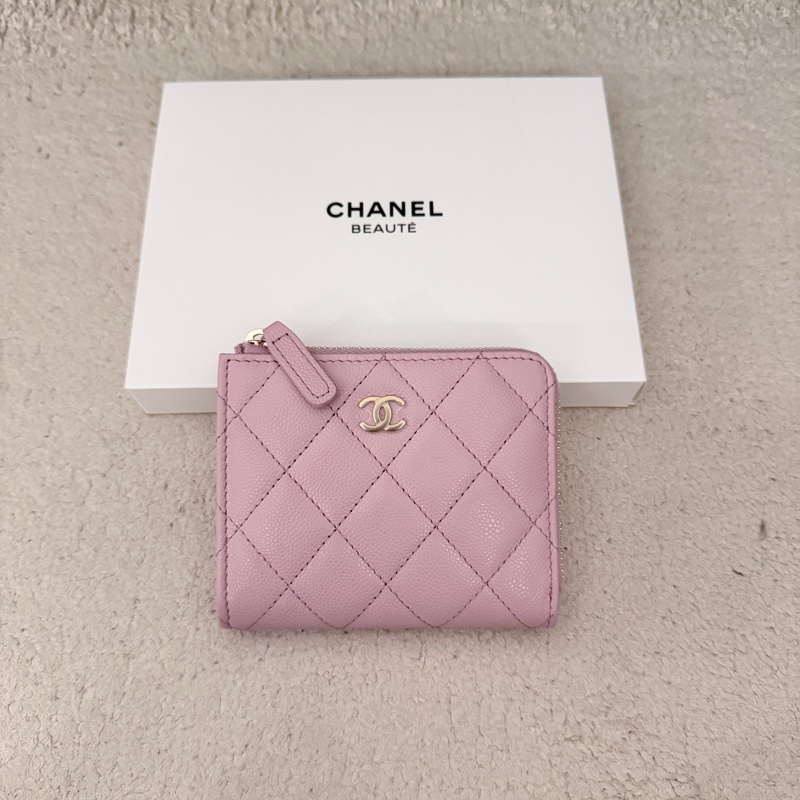 ［全新］Chanel 香奈兒 L字吐司錢包 粉紫金釦荔枝皮-0
