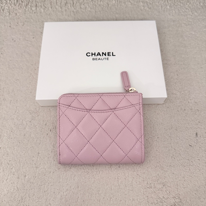 ［全新］Chanel 香奈兒 L字吐司錢包 粉紫金釦荔枝皮-1