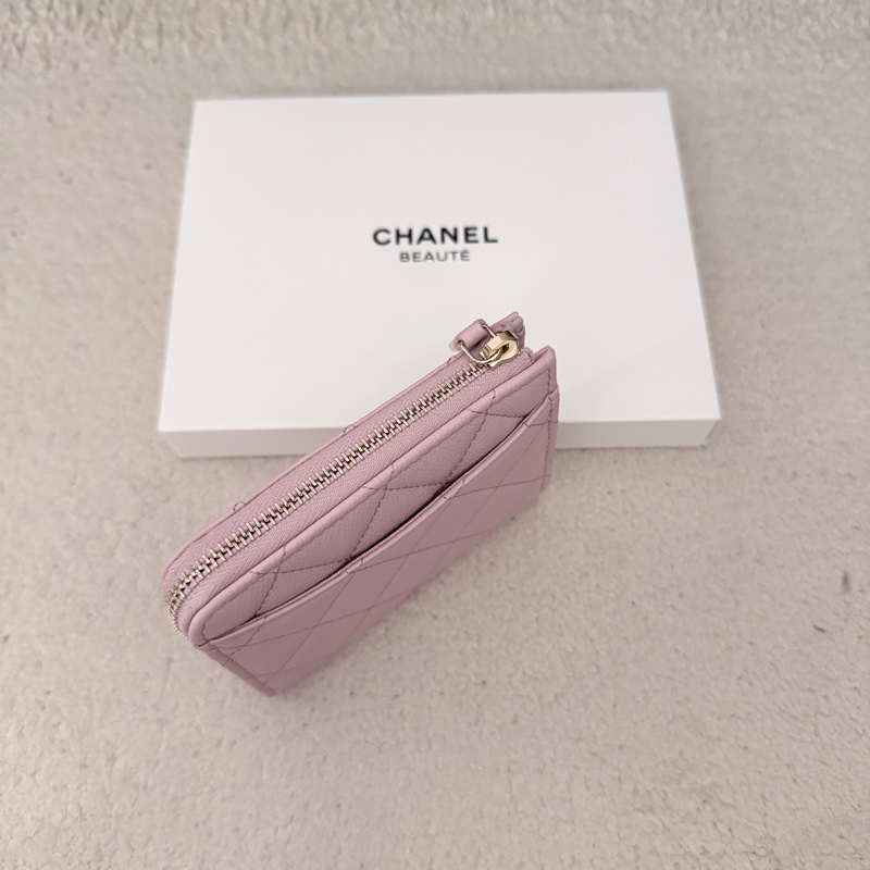 ［全新］Chanel 香奈兒 L字吐司錢包 粉紫金釦荔枝皮-2