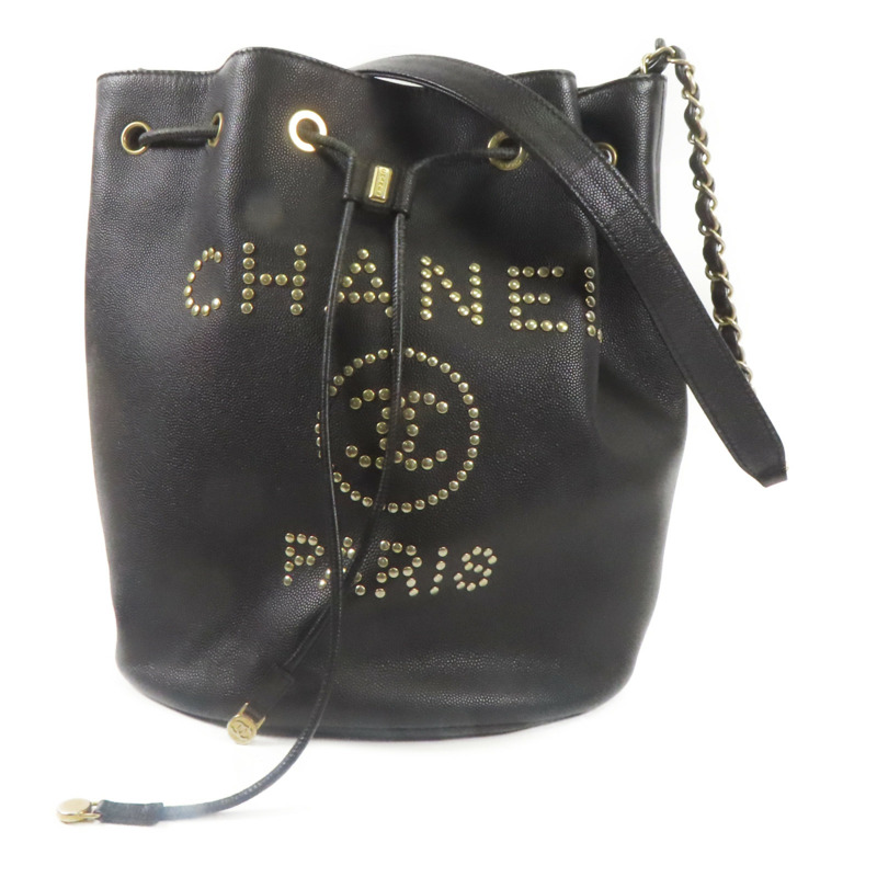 CHANEL 牛皮皮革Deauville Drawstring Bucket金扣肩背袋黑色-0