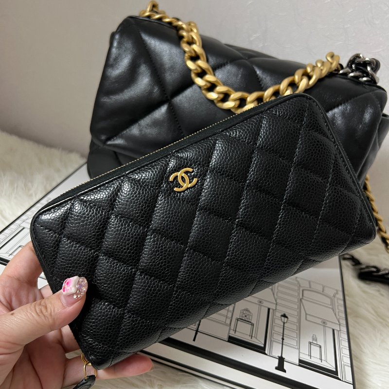 二手 CHANEL 經典 黑金 牛皮 荔枝紋 拉鍊 長夾 錢包-1