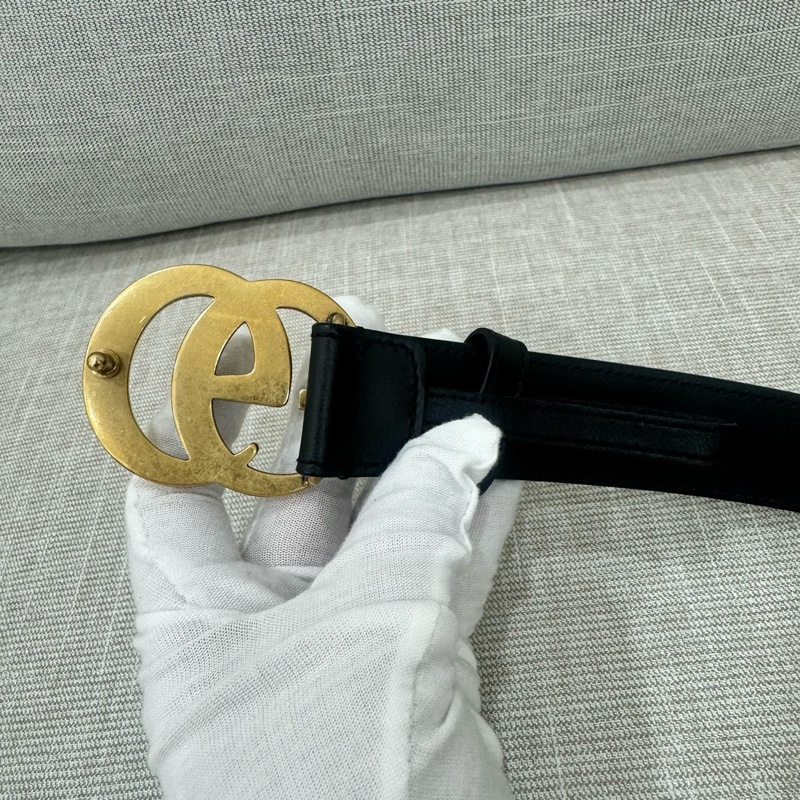 GUCCI 古馳 經典仿舊金色金 屬雙G 小牛皮釦式皮帶 黑金-15