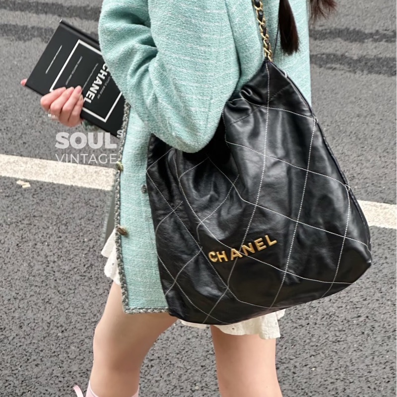 香奈兒 CHANEL 22bag 黑金 走白線 中號-1