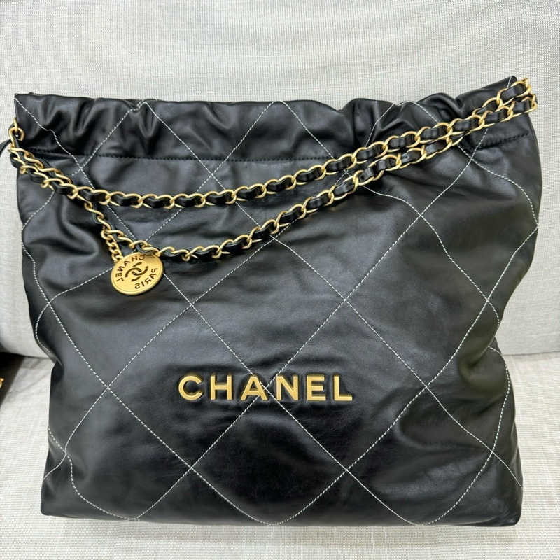 香奈兒 CHANEL 22bag 黑金 走白線 中號-46