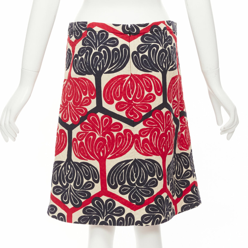 MARNI 2011 red navy cream ethnic print cotton Aline knee skirt IT38 XS-4