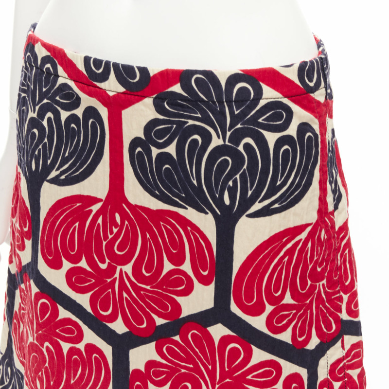 MARNI 2011 red navy cream ethnic print cotton Aline knee skirt IT38 XS-6