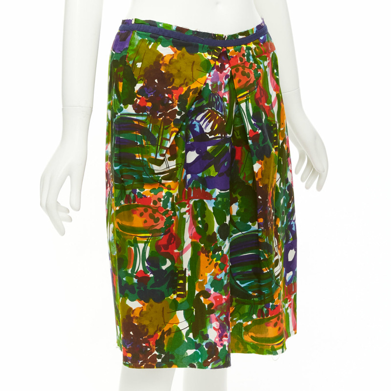 MARNI purple multicolor floral cotton inverted pleat front knee skirt IT38 XS-2