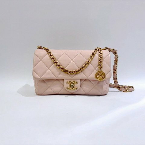 CHANEL 櫻花粉金幣鍊條口蓋肩背包AS4000