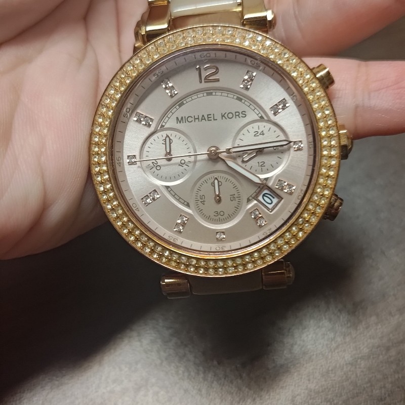 MK Michael Kors 滿鑽三眼計時石英錶 粉38mm-5