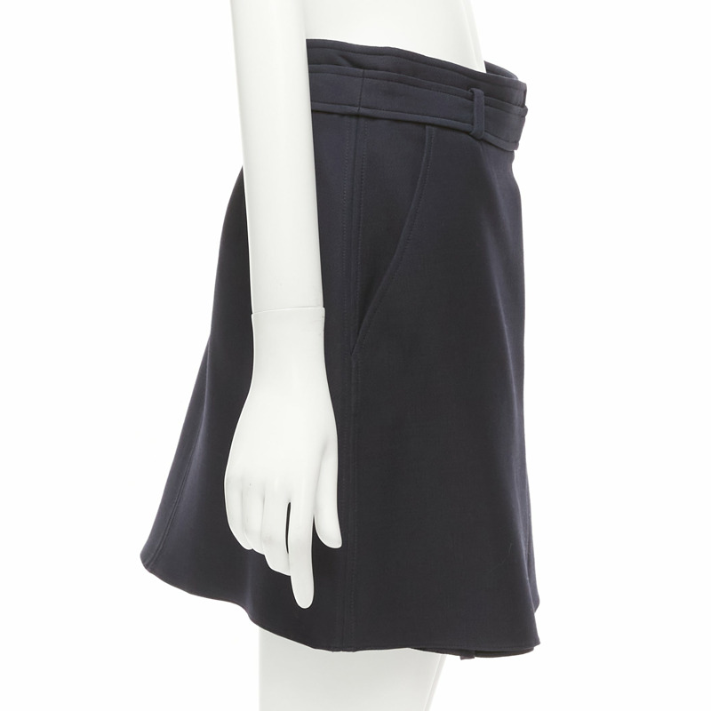 CHRISTIAN DIOR navy wool silk box pleat belted waistband skirt FR38 M-3