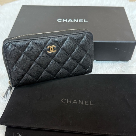 Chanel香奈兒經典黑金荔枝拉鍊中夾