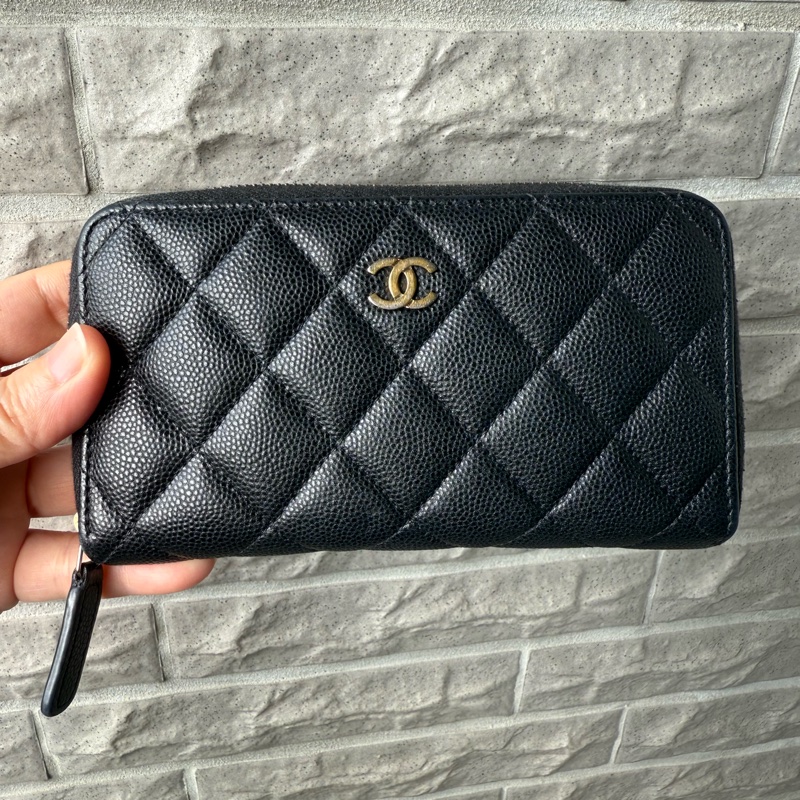 Chanel香奈兒經典黑金荔枝拉鍊中夾-4