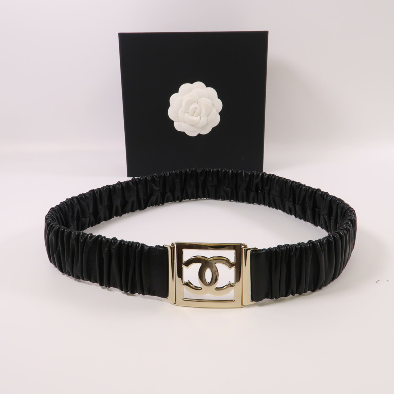 CHANEL 羊皮皮革Belt金扣皮帶黑色-6