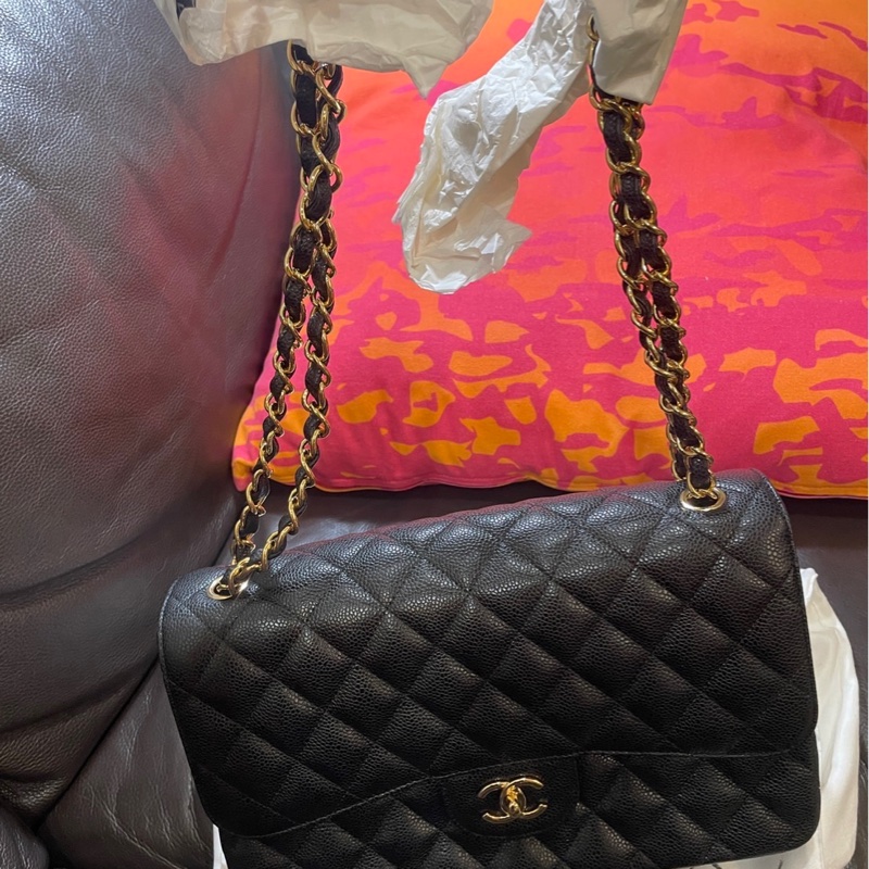 Chanel經典口蓋包 荔枝皮黑金 jumbo 近全新-2
