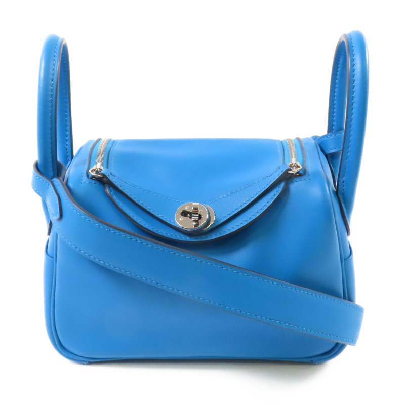 HERMES Swift皮革Mini Lindy銀扣手挽肩背兩用袋Bleu frida-0