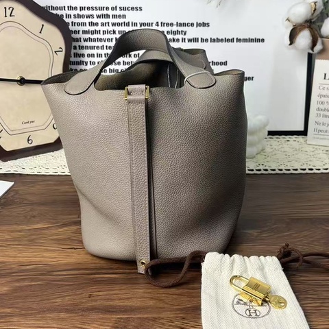 《完美·二手精品》Hermes愛馬仕菜籃子18 大象灰金釦
