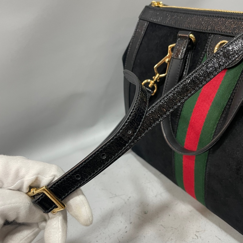 Gucci 524537 黑牛皮拼絨布綠紅綠波士頓手提包肩背包-19