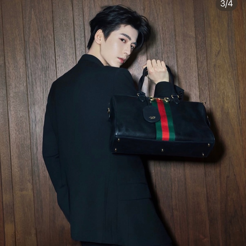 Gucci 524537 黑牛皮拼絨布綠紅綠波士頓手提包肩背包-9