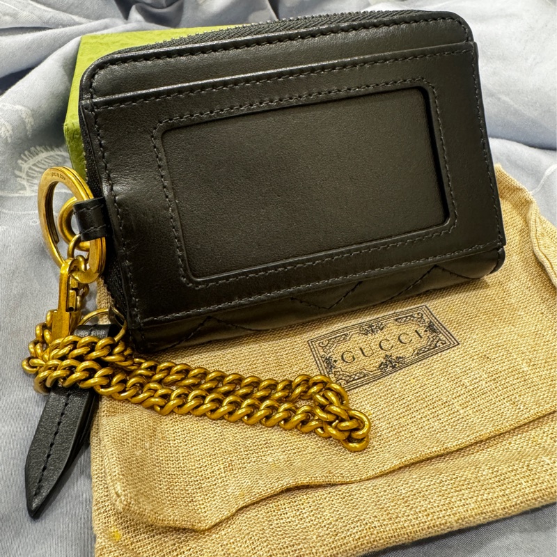 GUCCI Marmont2.0雙G LOGO山形紋皮革金屬鍊零錢包卡片夾-黑色-3