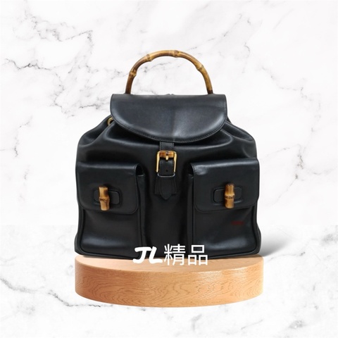 「JL精品代購」 98新Gucci 黑色竹節後背包