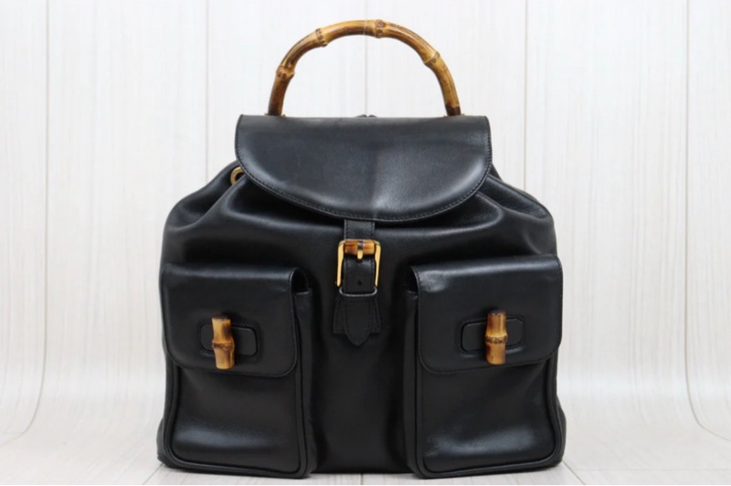 「JL精品代購」 98新Gucci 黑色竹節後背包-2