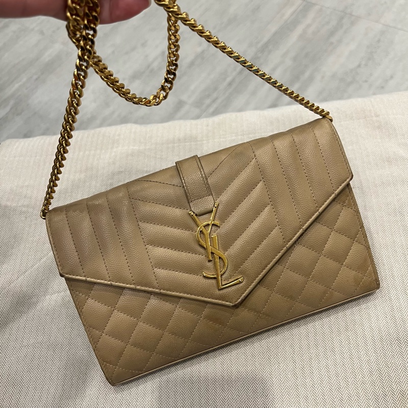 YSL 魚子醬 信封包 斜背包 奶茶 金釦-0