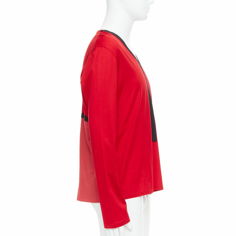 BALENCIAGA 2012 red cotton blend black trim V-neck long sleeve top XL-3