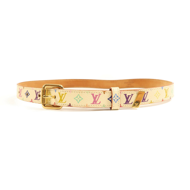 LOUIS VUITTON Monogram Multicolor Ceinture Carre Belt金扣皮帶白色-0